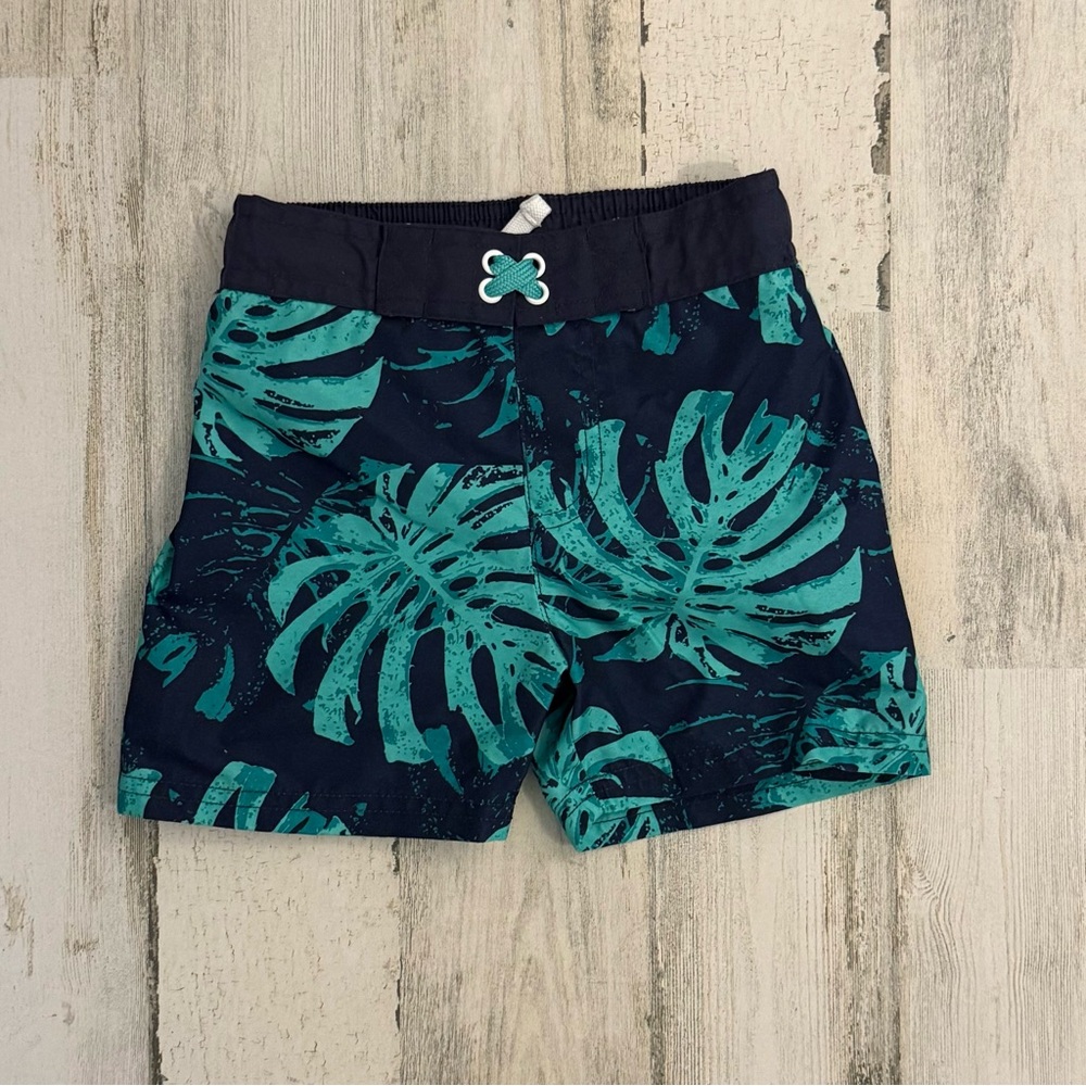 NWOT Cat & Jack Navy Swim Shorts with Teal Tropical Leaf Print